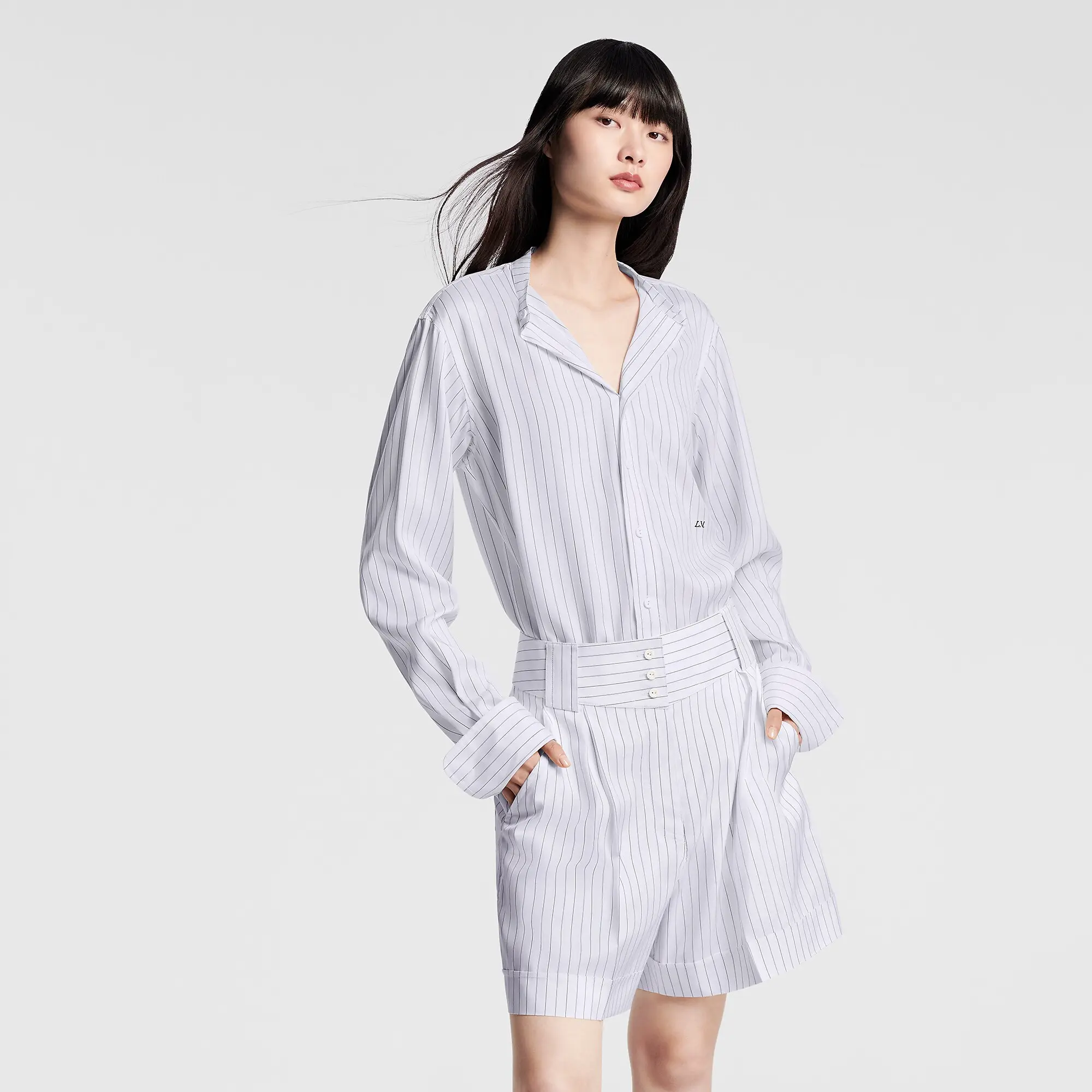 Collarless Pinstripe Silk Shirt