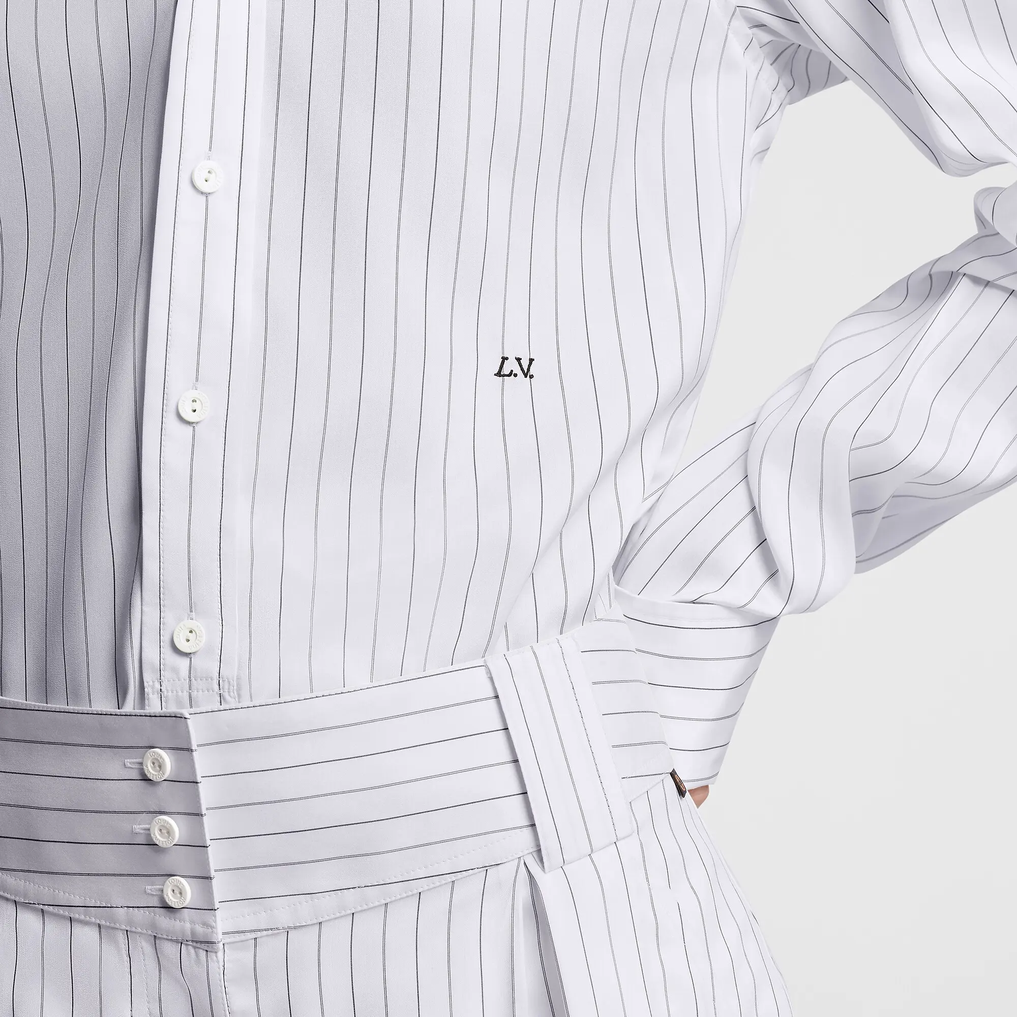 Collarless Pinstripe Silk Shirt