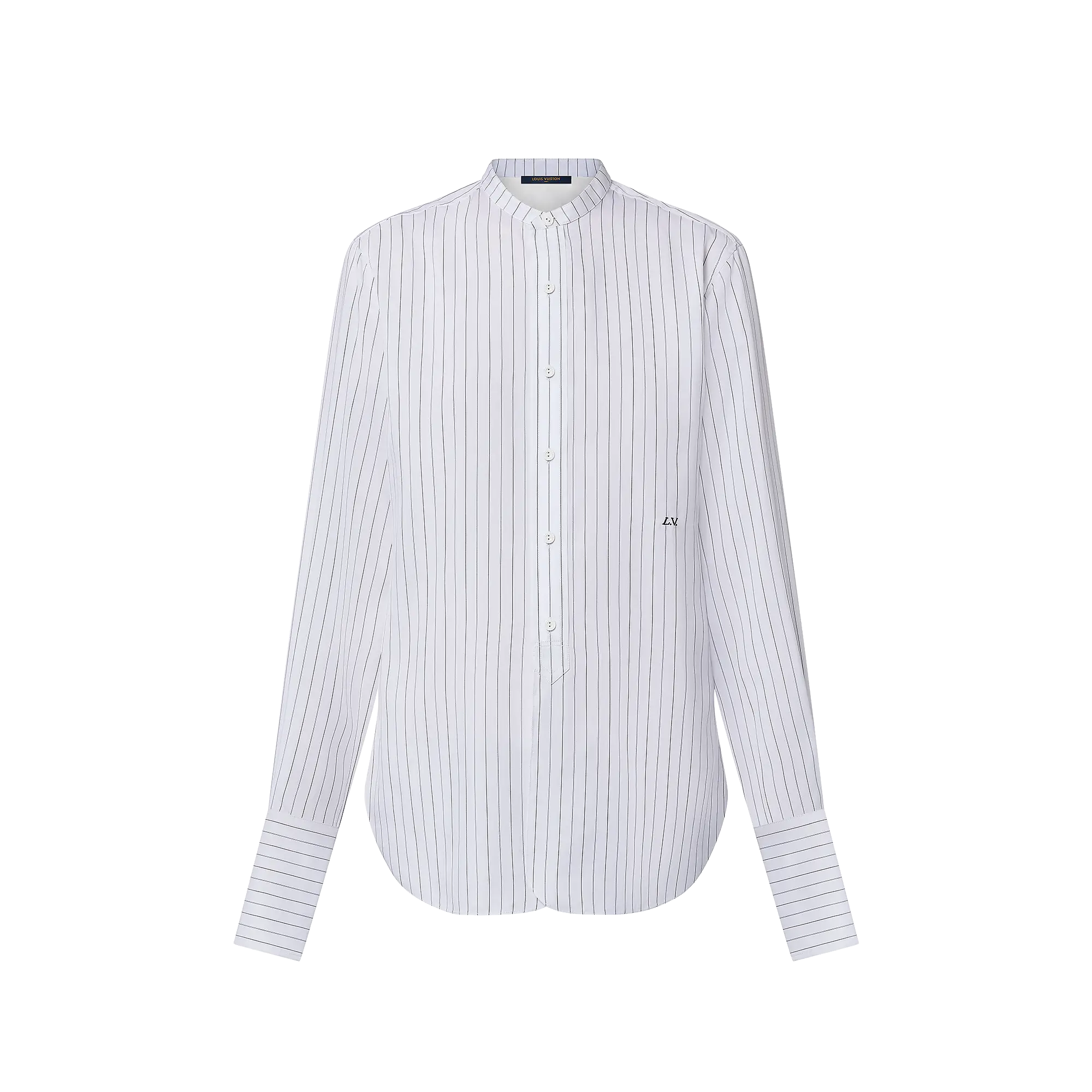 Collarless Pinstripe Silk Shirt