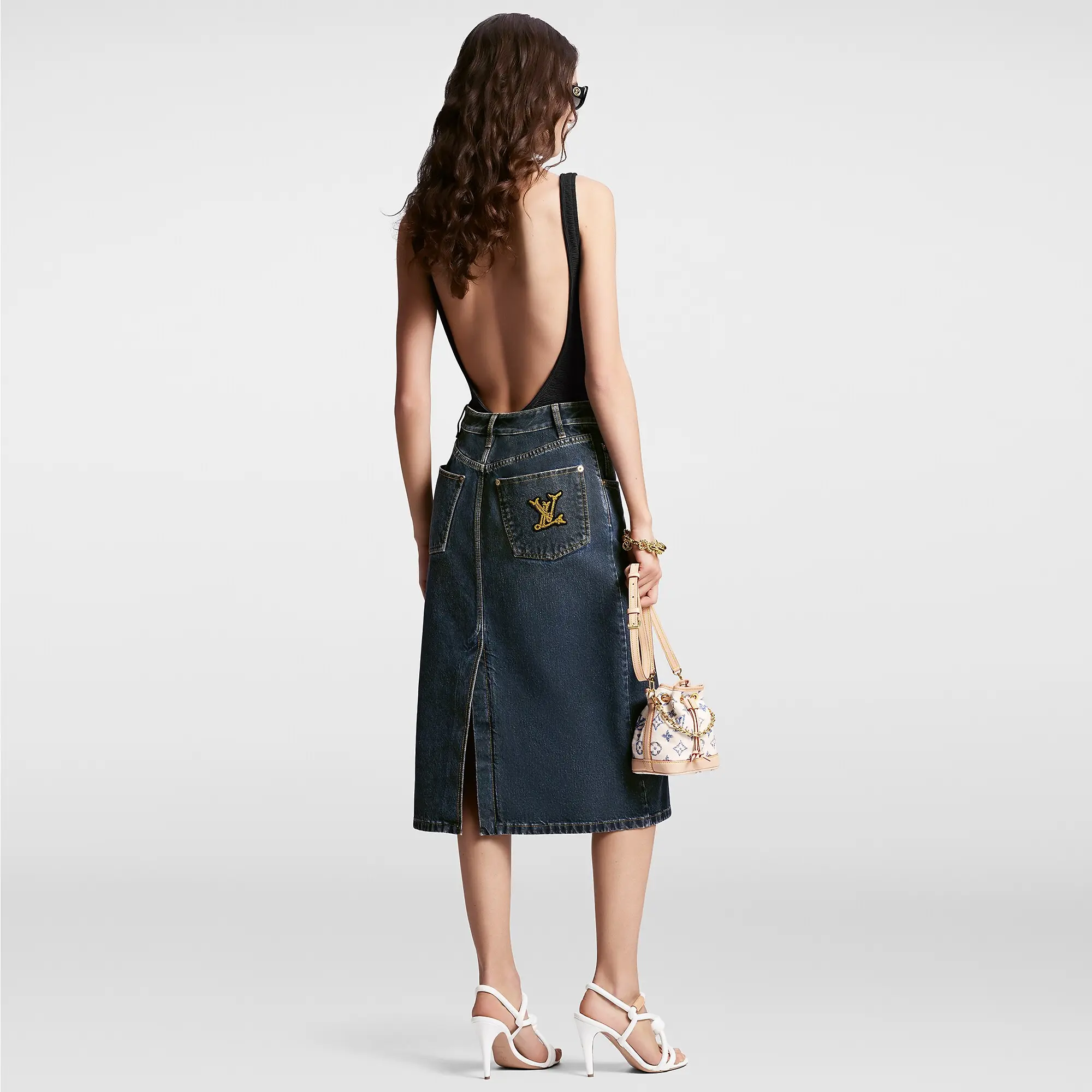 Nautical LV Patch Denim Midi Skirt