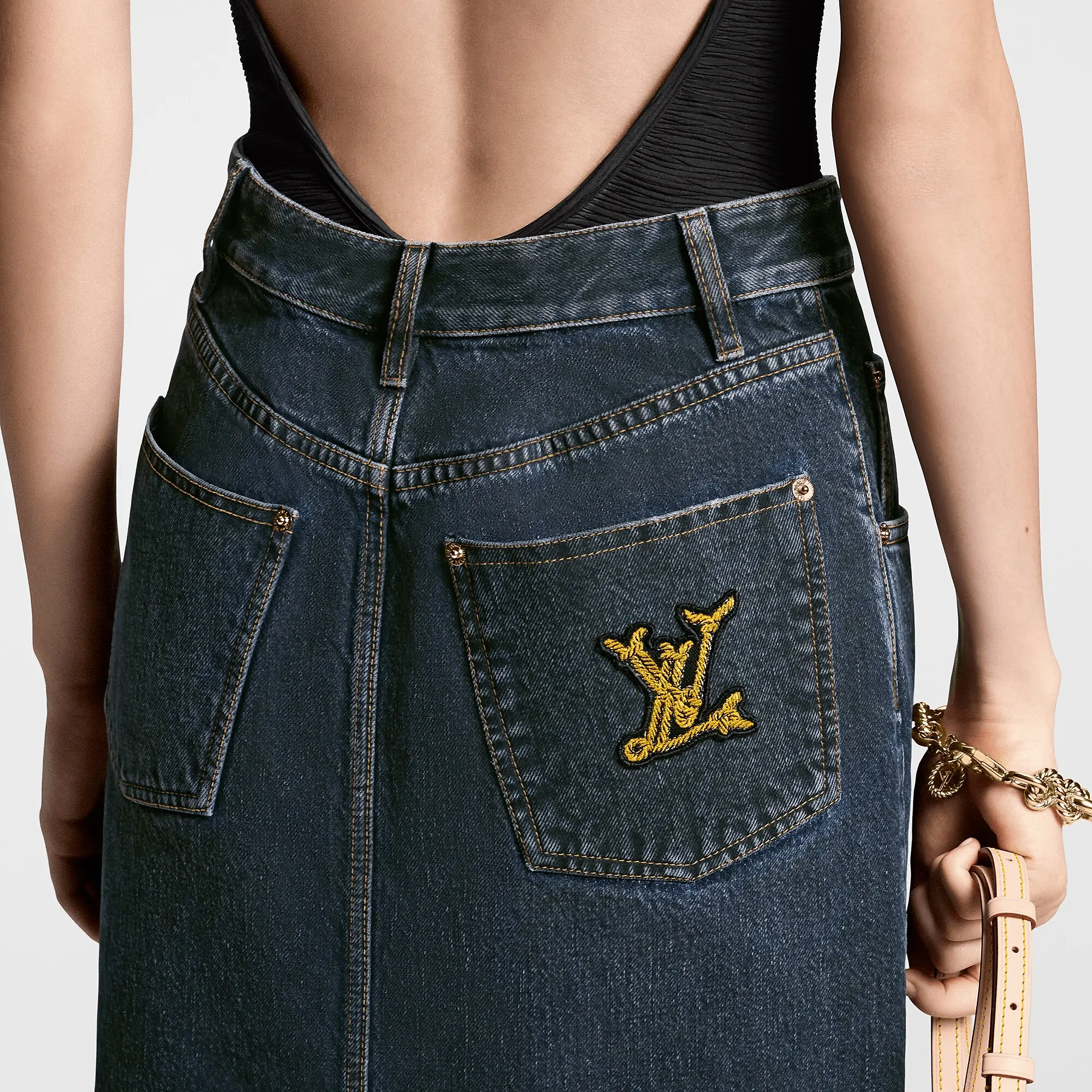 Nautical LV Patch Denim Midi Skirt