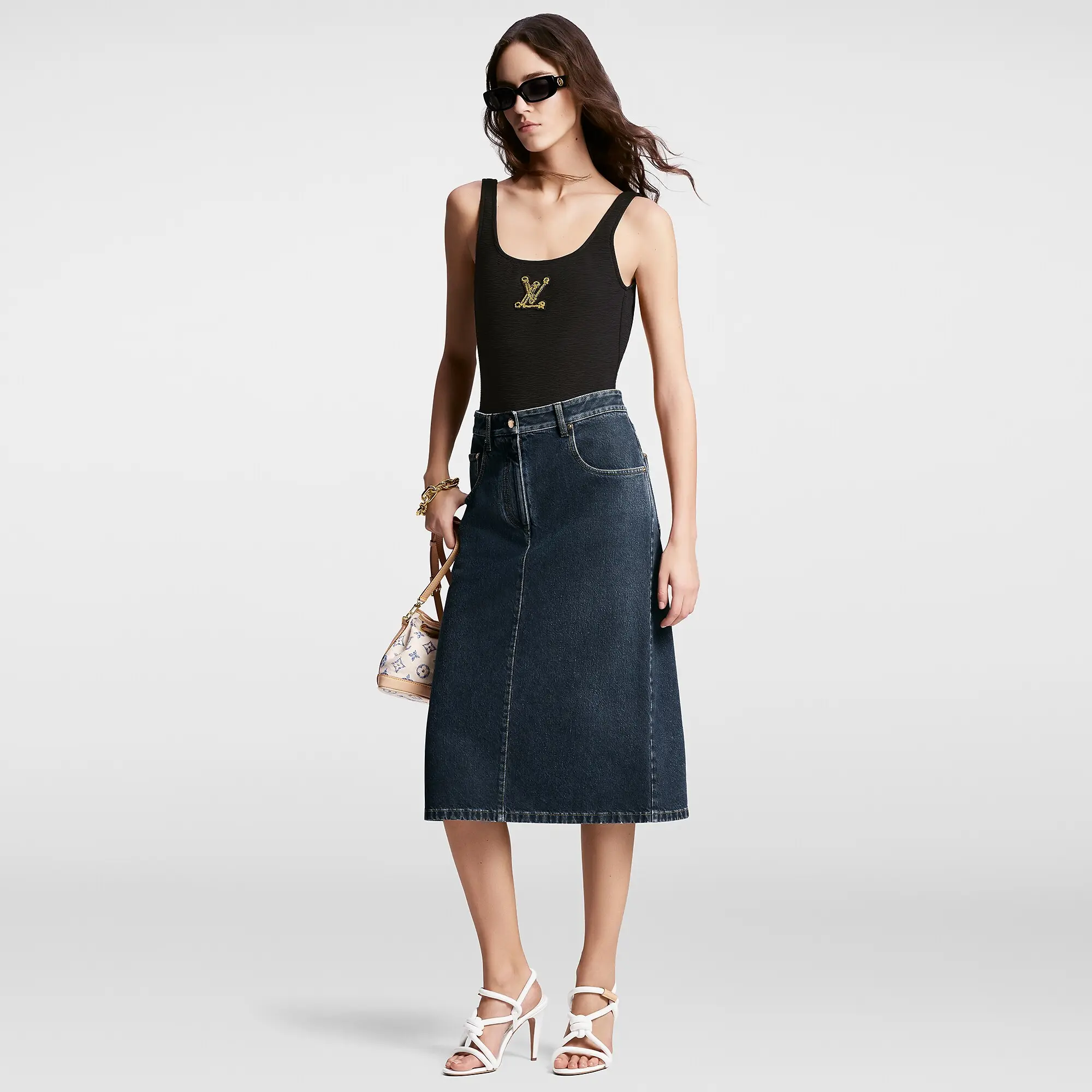 Nautical LV Patch Denim Midi Skirt