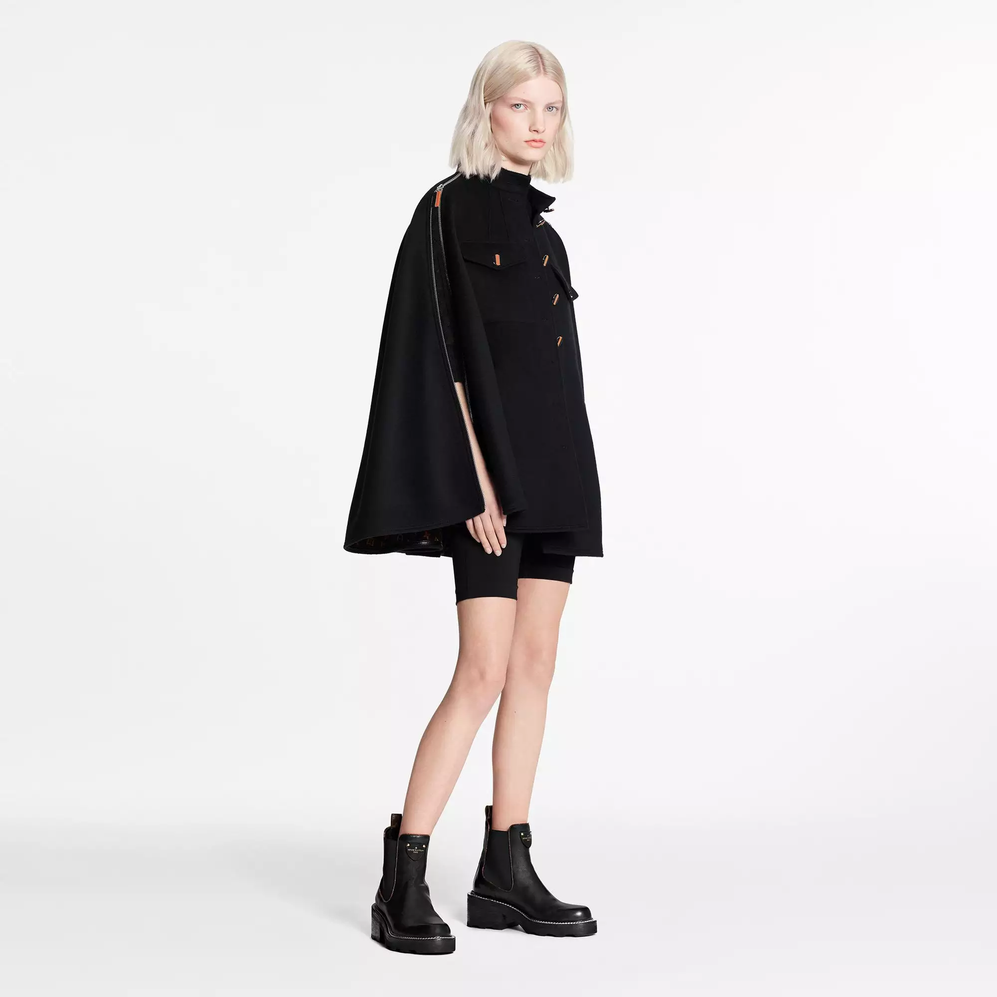 Black And Ochre Monogram Cape Coat In Wool And Silk